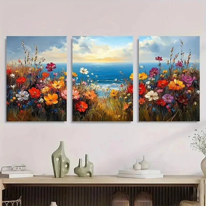 3pcs Wildflower Floral Seasidec Landscape Perfect Wall Art Set Canvas Framed 50x70cm - High Quality Print 100% Australian Made Wall Canvas Ready to Hang