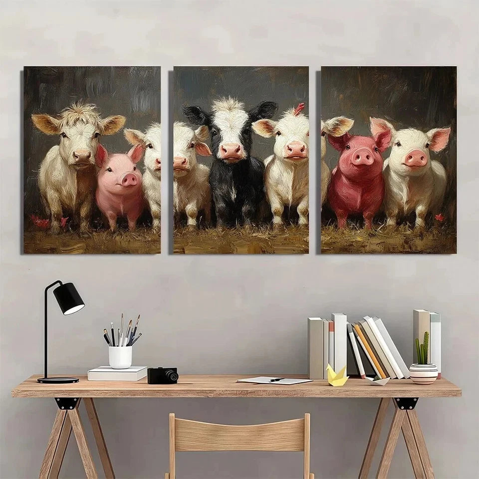 3pcs Highland Cows Donkeys Pigs & Rooster Metal Print Ready to Hang Art