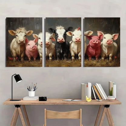 3pcs Highland Cows Donkeys Pigs & Rooster Metal Print Ready to Hang Art