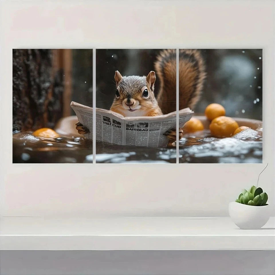 3pcs Animal Whimsical Squirrel Reading Newspaper Metal Print Ready to Hang Art