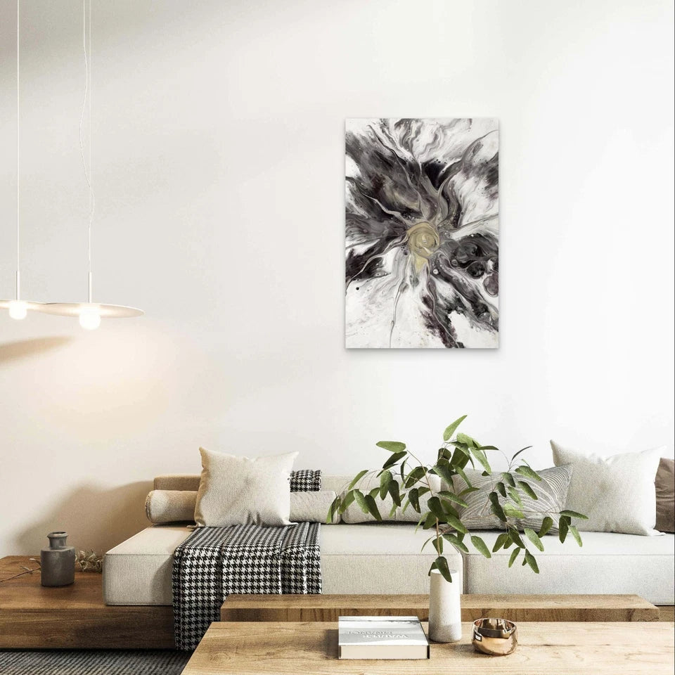 Minimalist Black, White and Gold Fluid Acrylic 40x60cm Metal Print Ready to Hang