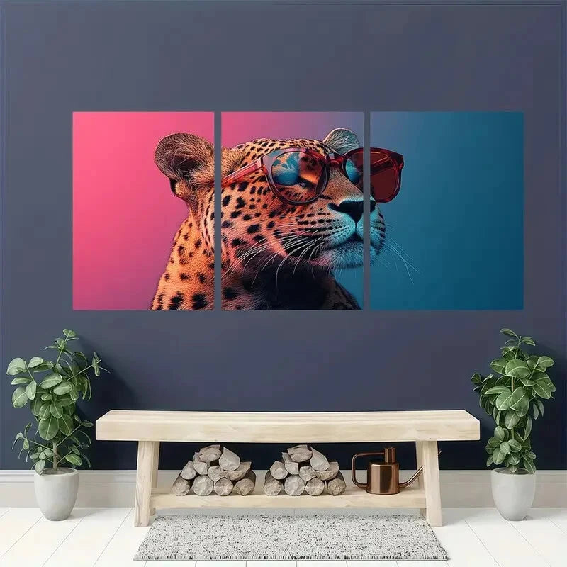 3pcs Vibrant Leopard Pink & Blue Fashion Glasses Metal Print Ready to Hang Art