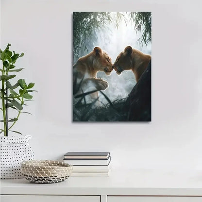 Realistic Lion Cub Duo in Bamboo Grove Painting  40x60cm Metal Print Ready to Hang