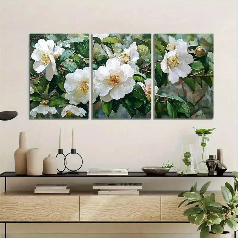 3pcs White Camellias in Full Bloom Modern Art Metal Print Ready to Hang Art