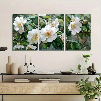 3pcs White Camellias in Full Bloom Modern Art Metal Print Ready to Hang Art