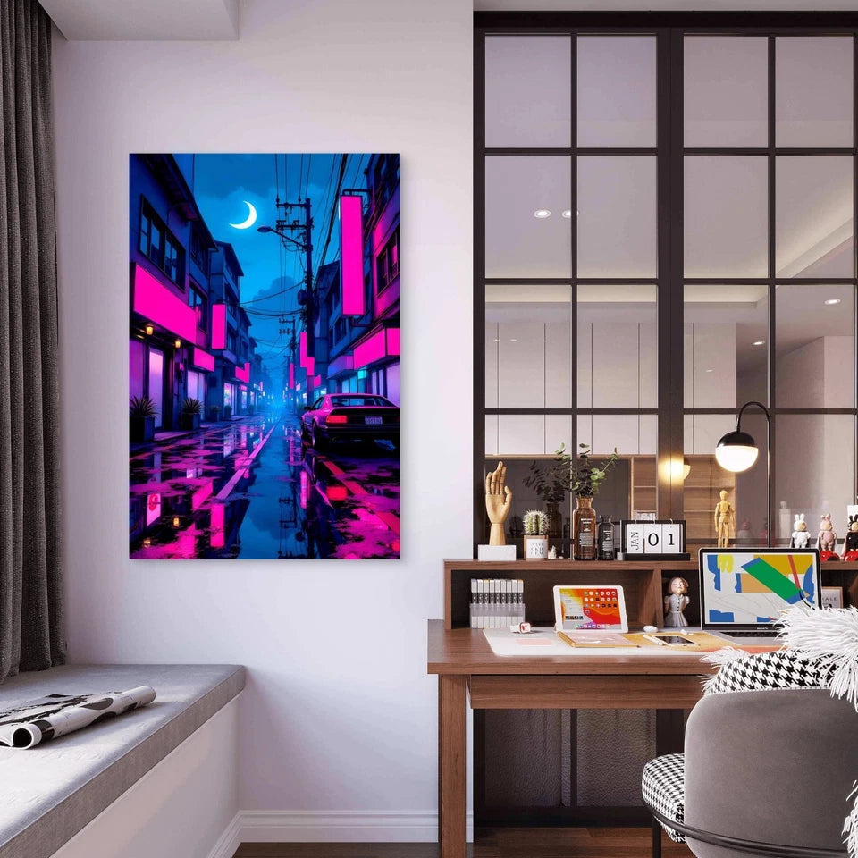 Neon City Street Night 60x90 cm Metal Print Ready to Hang