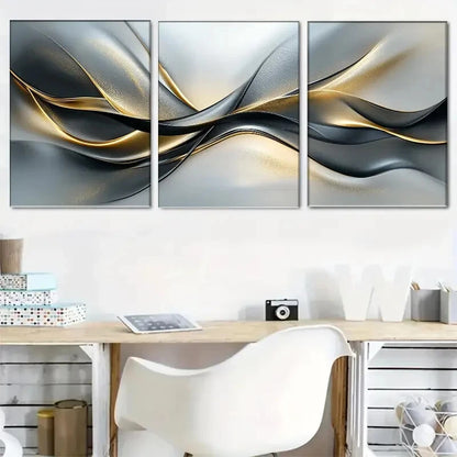 3pcs Elegant Silvery Black and Golden Metal Print Ready to Hang Art