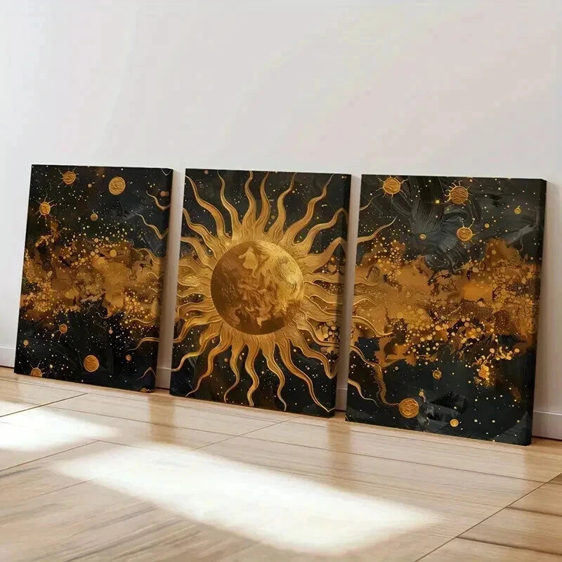 3pcs Golden Sun & Celestial Retro Space Design  Wall Art Set Canvas Framed 40x60cm - High Quality Print 100% Australian Made Wall Canvas Ready to Hang