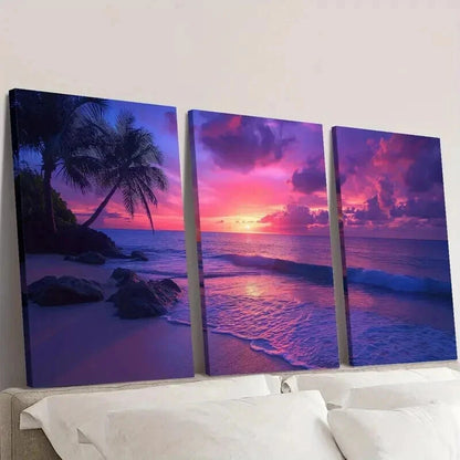 3pcs Palm Trees Ocean Beach & Sunset Wall Art Set Canvas Framed 50x70cm - High Quality Print 100% Australian Made Wall Canvas Ready to Hang