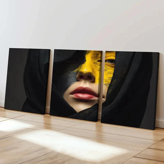 3pcs Modern Decor Yellow Black Face Red Lips  Wall Art Set Canvas Framed 60x90cm - High Quality Print 100% Australian Made Wall Canvas Ready to Hang