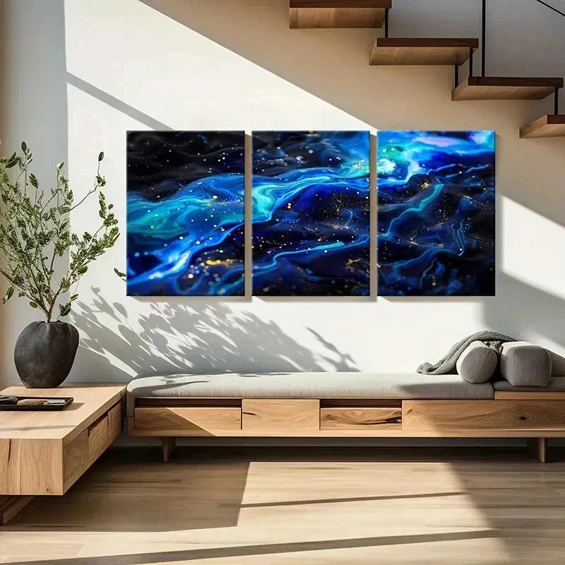 3pcs Vibrant Blue and Golden Swirls Wall Art Set Canvas Framed 40x60cm - High Quality Print 100% Australian Made Wall Canvas Ready to Hang