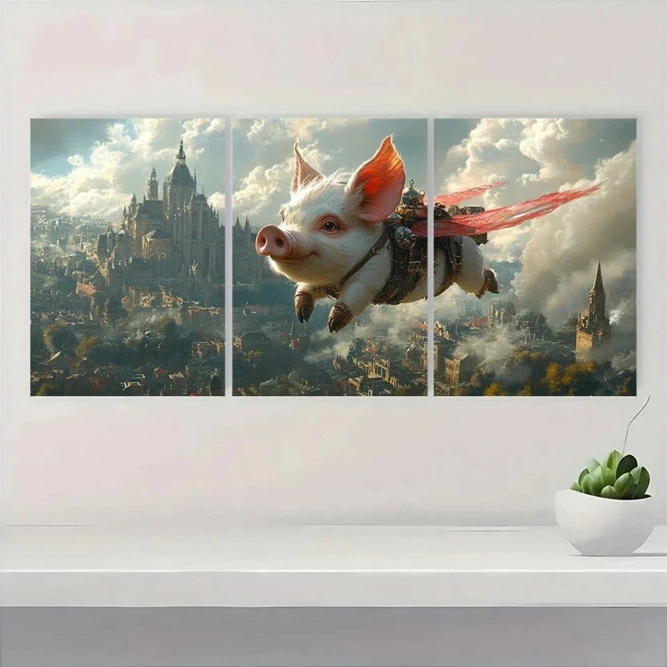 3pcs Fantasy Flying Pig Scene Castle & Clouds Metal Print Ready to Hang Art