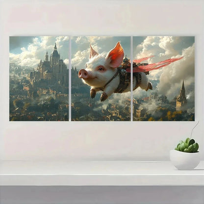 3pcs Fantasy Flying Pig Scene Castle & Clouds Metal Print Ready to Hang Art