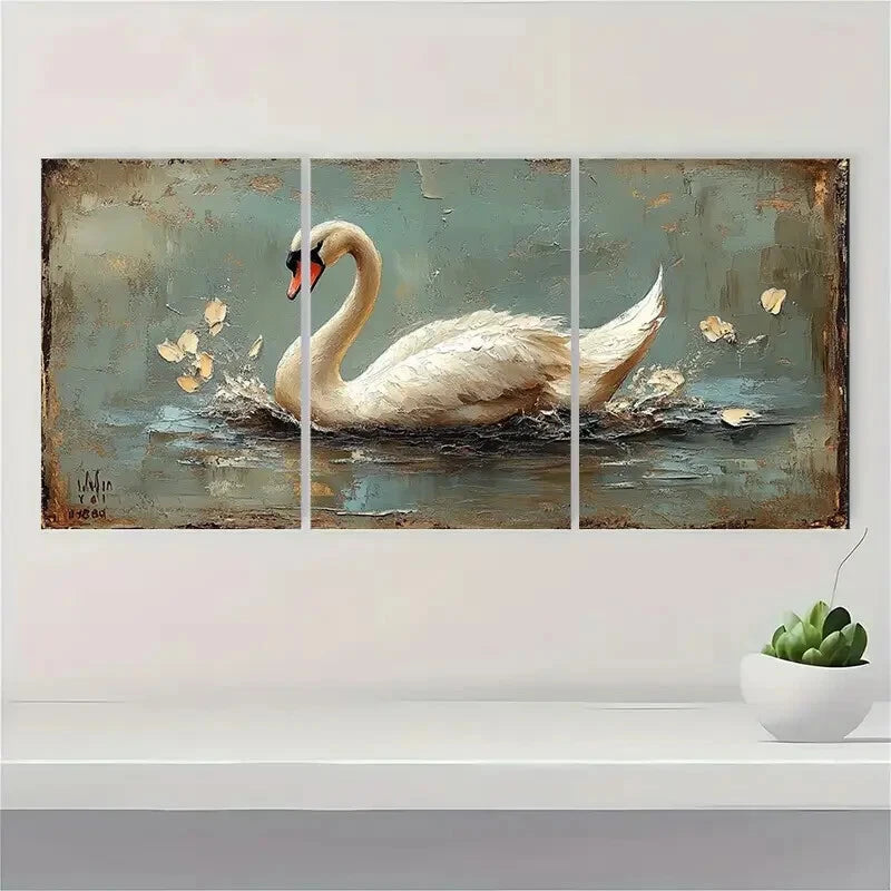 3pcs White Swan Teal & Golden Vintage Metal Print Ready to Hang Art