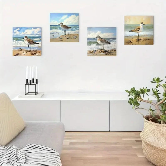 4pcs Eascape Beach Bird Picture Wall Art Canvas Framed