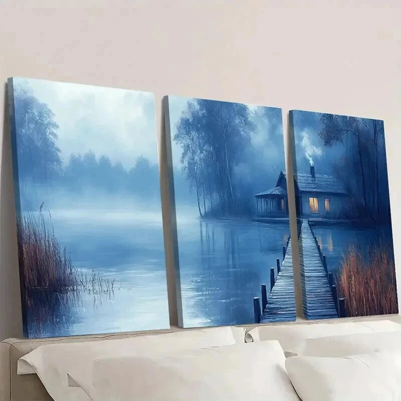 3pcs Misty Country House Near a Lake Wall Art Set Canvas Framed 40x60cm - High Quality Print 100% Australian Made Wall Canvas Ready to Hang