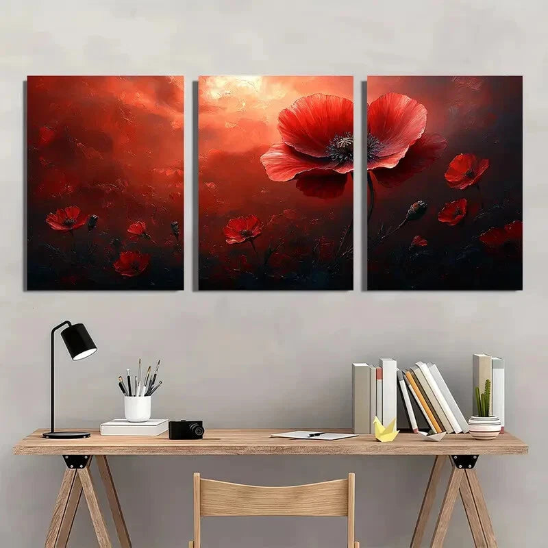 3pcs Vibrant Red Poppy Nature Modern Metal Print Ready to Hang Art