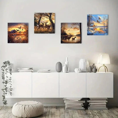 4pcs Deer, Wild Ducks, And Cabin Scene Wall Art Canvas Framed