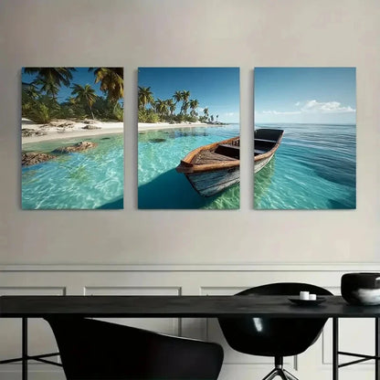 3pcs Serene Wooden Boat in Clear Blue Water Metal Print Ready to Hang Art