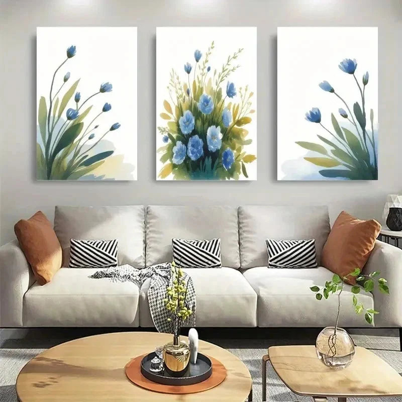 3pcs Blue Flowers & Green Leaves Golden Accents Metal Print Ready to Hang Art