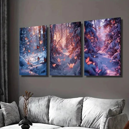 3pcs Glittering Winter Butterfly Snow Forest  Wall Art Set Canvas Unframed - High Quality Print 100% Australian Made Wall Canvas