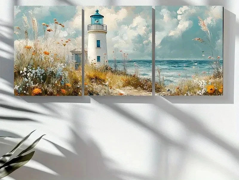 3pcs Coastal Lighthouses And Ocean Landscapes Metal Print Ready to Hang Art