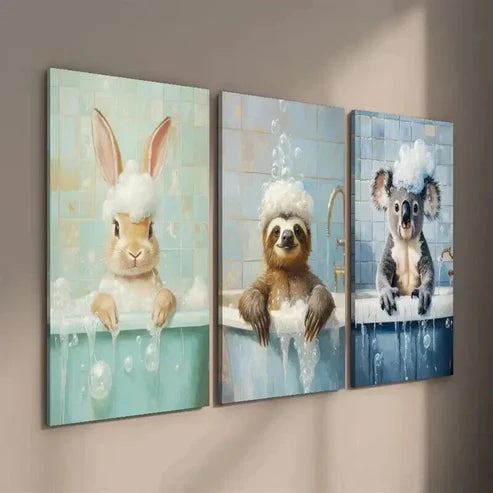 3pcs Cute Bunny Sloth Raccoon in Bathtub Wall Art Set Canvas Unframed - High Quality Print 100% Australian Made Wall Canvas