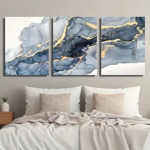 3pcs Blue & Golden Marble Texture Decor Wall Art Set Canvas Unframed - High Quality Print 100% Australian Made Wall Canvas