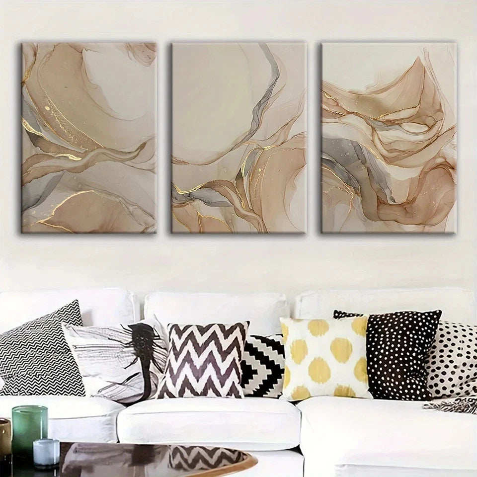 3pcs Abstract Beige Brown Modern Metal Print Ready to Hang Art