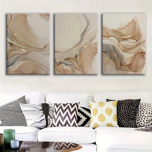 3pcs Abstract Beige Brown Modern Metal Print Ready to Hang Art