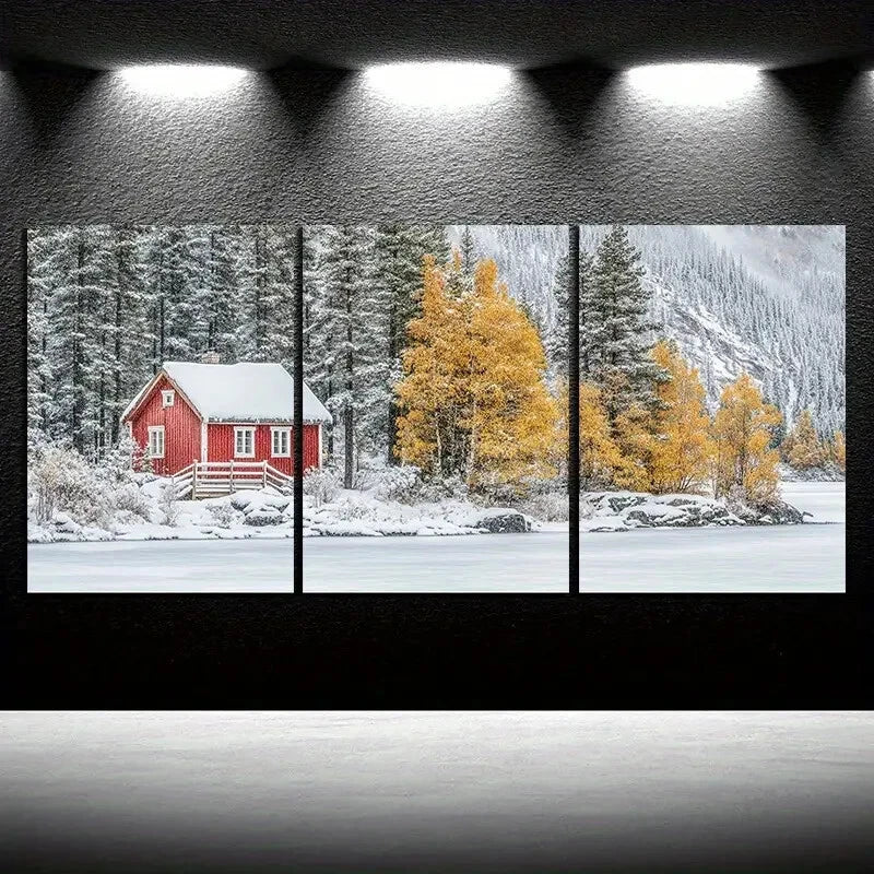 3pcs Snowy Cabin and Autumn Trees Scenery Metal Print Ready to Hang Art