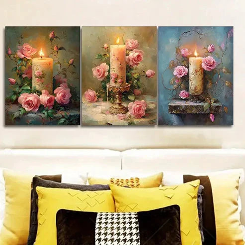 3pcs Pink Roses & Candle Wall Art Set Canvas Unframed - High Quality Print 100% Australian Made Wall Canvas - Bella Home Decor