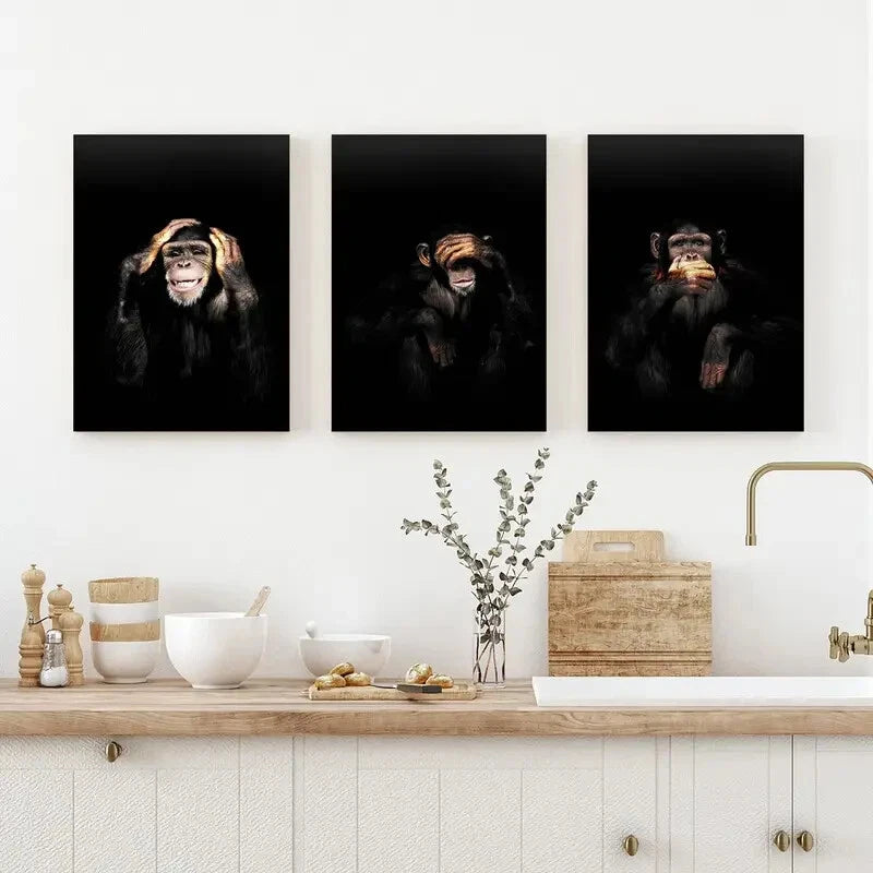 3pcs Dark Monkey Animal Themed Metal Print Ready to Hang Art