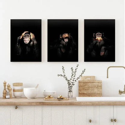 3pcs Dark Monkey Animal Themed Metal Print Ready to Hang Art