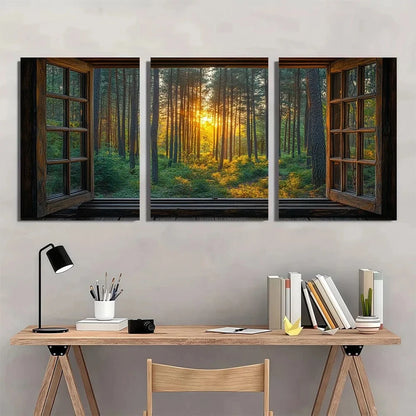 3pcs Open Window Forest View Sunrise Metal Print Ready to Hang Art