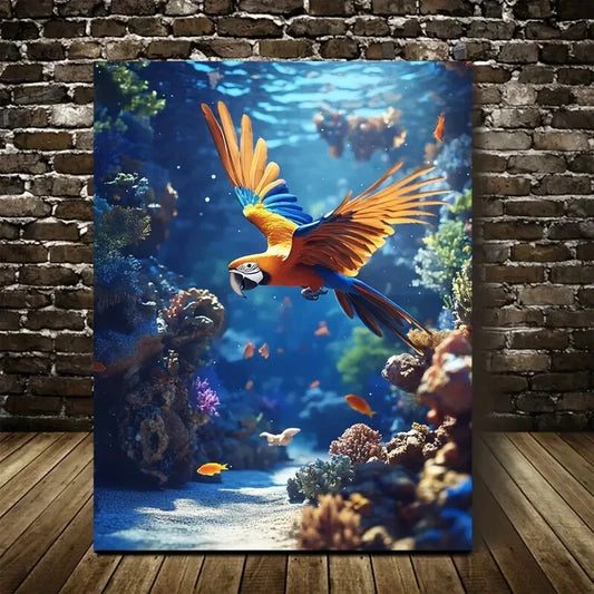 Beautiful Vibrant Parrot & Coral Reef Painting 40x60cm Metal Print Ready to Hang