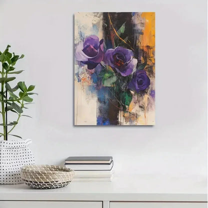 Vibrant Purple Roses & Orange Accents Painting 40x60cm Metal Print Ready to Hang