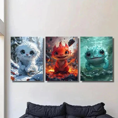 3pcs Cute Little Fantasy Cartoon Monsters Wall Art Canvas Unframed - High Quality Print 100% Australian Made Wall Canvas