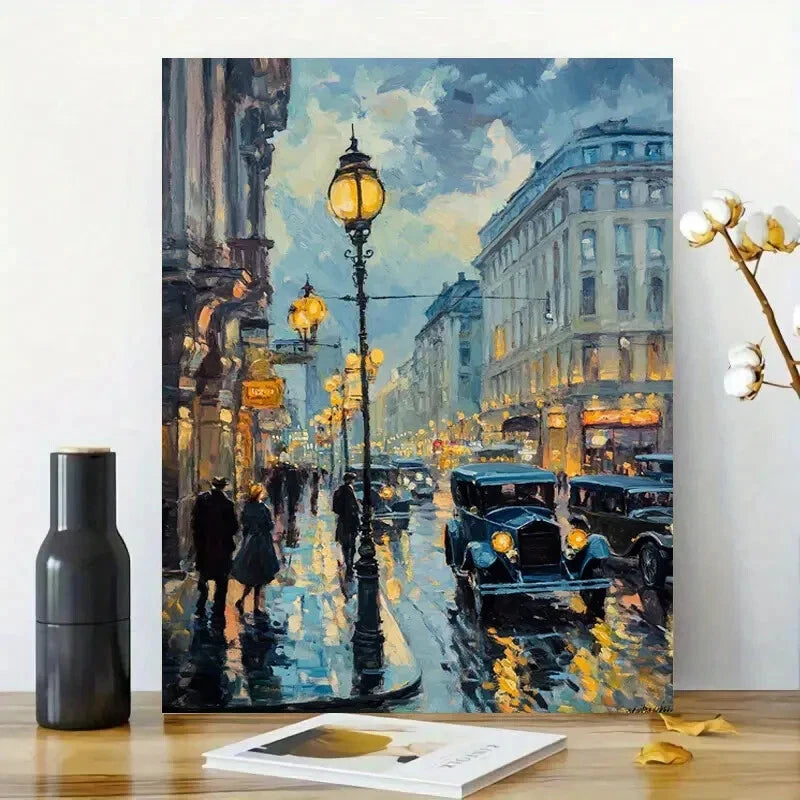 Vintage Car Driving Through The Streets Evening 40x60cm Metal Print Ready to Hang