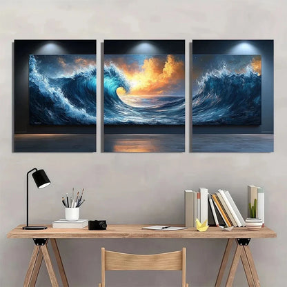 3pcs Sunset & Wave Scenery Modern Abstract Metal Print Ready to Hang Art