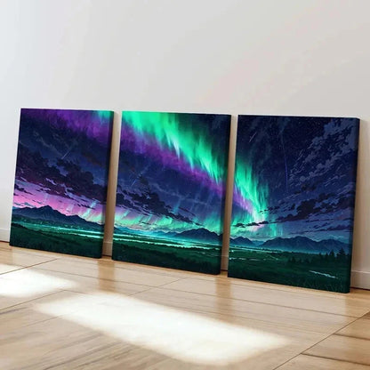 3pcs Anime Aurora Northern Lights Modern Wall Art Set Canvas Framed 40x60cm - High Quality Print 100% Australian Made Wall Canvas Ready to Hang