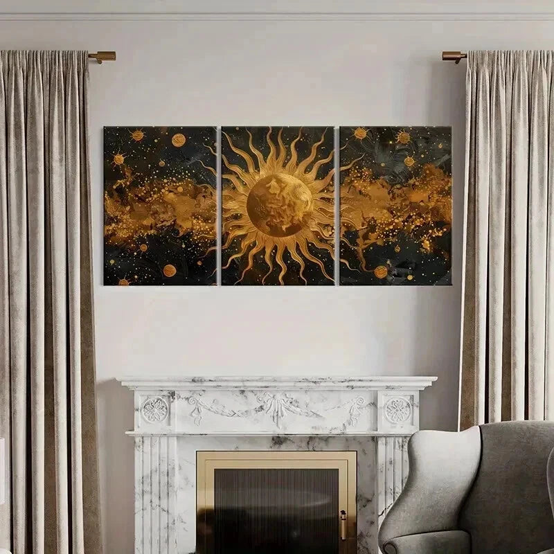 3pcs Golden Sun & Celestial Retro Space Design Wall Art Set Canvas Framed 50x70cm - High Quality Print 100% Australian Made Wall Canvas Ready to Hang