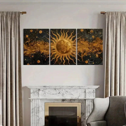 3pcs Golden Sun & Celestial Retro Space Design Wall Art Set Canvas Framed 50x70cm - High Quality Print 100% Australian Made Wall Canvas Ready to Hang
