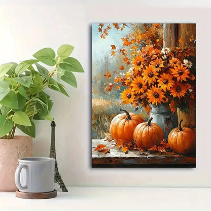 Beautiful Autumn Pumpkins Leaves & Sunflowers 40x60cm Metal Print Ready to Hang