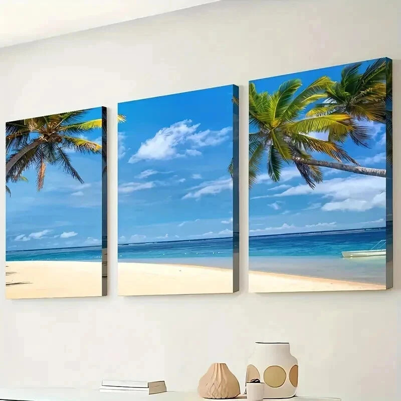 3pcs Beach Coconut Beach Landscape Painting Wall Art Set Canvas Framed 40x60cm - High Quality Print 100% Australian Made Wall Canvas Ready to Hang