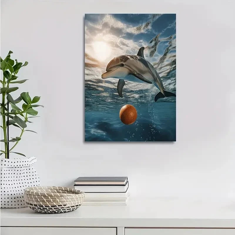 Hyper Realistic Scene of Dolphin Playing Painting 40x60cm Metal Print Ready to Hang