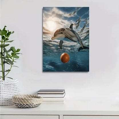 Hyper Realistic Scene of Dolphin Playing Painting 40x60cm Metal Print Ready to Hang