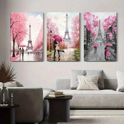 3pcs Eiffel Tower Paris Pink Umbrella Perfect Wall Art Set Canvas Framed 40x60cm - High Quality Print 100% Australian Made Wall Canvas Ready to Hang