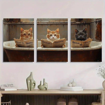 3pcs Animals Cats Reading Newspapers Metal Print Ready to Hang Art