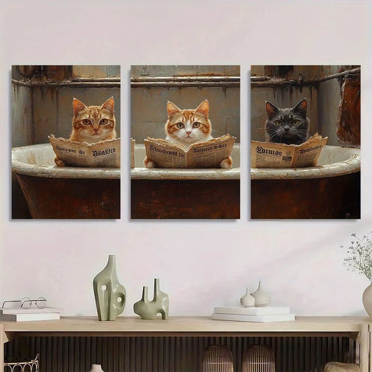 3pcs Animals Cats Reading Newspapers Metal Print Ready to Hang Art
